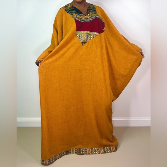 Handmade Burnt Yellow Dashiki Detail Maxi Kaftan Oversized Dress - Picture 9 of 12